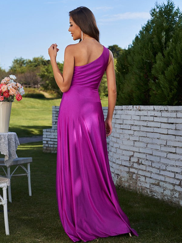 A-Line/Princess Jersey Ruched One-Shoulder Sleeveless Floor-Length Bridesmaid Dresses