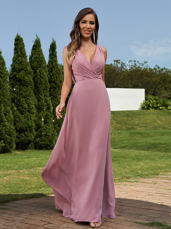 A-Line/Princess Chiffon Ruched V-neck Sleeveless Floor-Length Bridesmaid Dresses