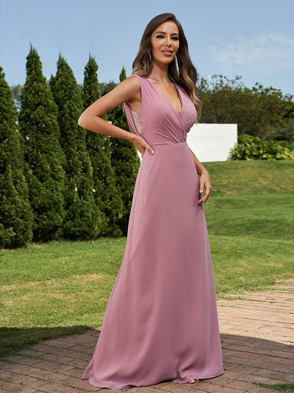 A-Line/Princess Chiffon Ruched V-neck Sleeveless Floor-Length Bridesmaid Dresses