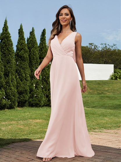 A-Line/Princess Chiffon Ruched V-neck Sleeveless Floor-Length Bridesmaid Dresses