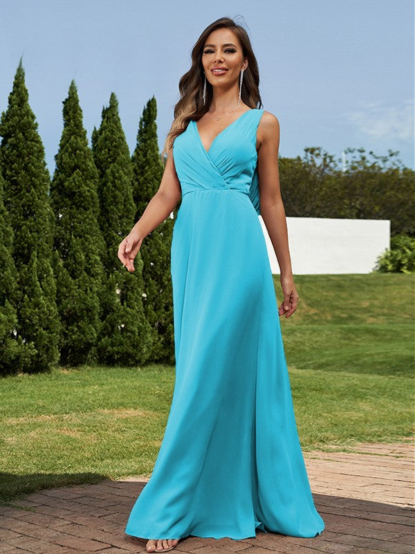 A-Line/Princess Chiffon Ruched V-neck Sleeveless Floor-Length Bridesmaid Dresses