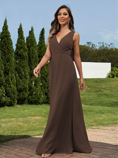 A-Line/Princess Chiffon Ruched V-neck Sleeveless Floor-Length Bridesmaid Dresses