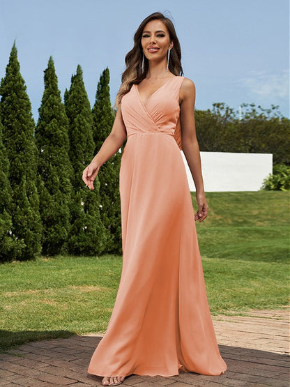 A-Line/Princess Chiffon Ruched V-neck Sleeveless Floor-Length Bridesmaid Dresses