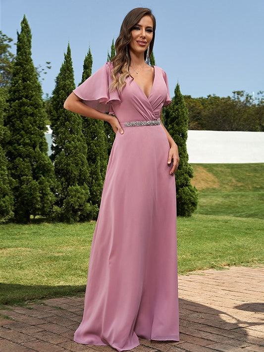 A-Line/Princess Chiffon Sash/Ribbon/Belt V-neck Short Sleeves Floor-Length Bridesmaid Dresses