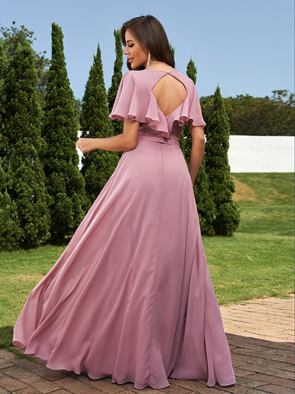 A-Line/Princess Chiffon Sash/Ribbon/Belt V-neck Short Sleeves Floor-Length Bridesmaid Dresses