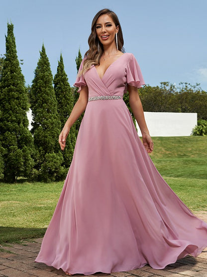 A-Line/Princess Chiffon Sash/Ribbon/Belt V-neck Short Sleeves Floor-Length Bridesmaid Dresses