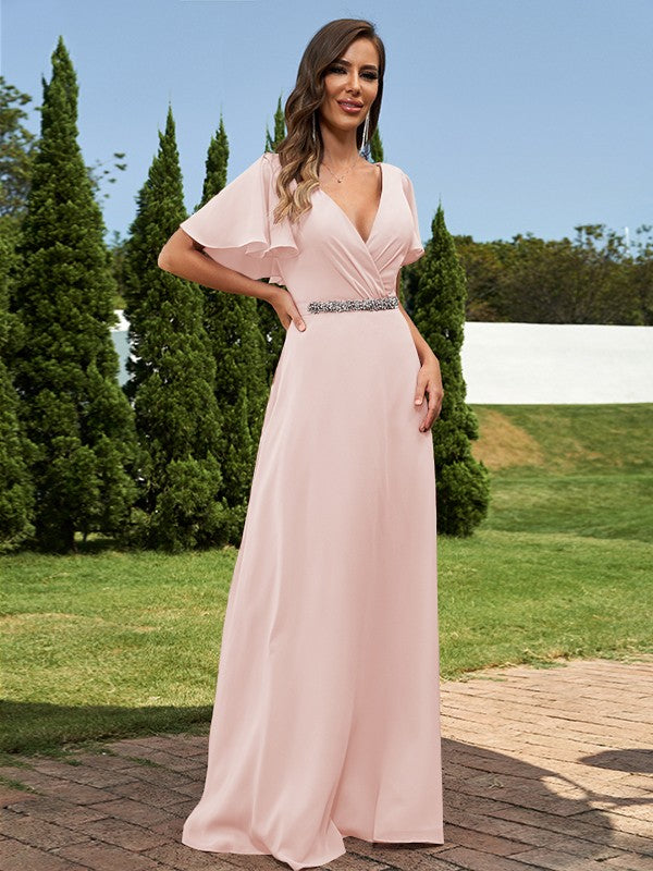 A-Line/Princess Chiffon Sash/Ribbon/Belt V-neck Short Sleeves Floor-Length Bridesmaid Dresses