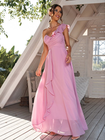 A-Line/Princess Chiffon Ruched One-Shoulder Sleeveless Floor-Length Bridesmaid Dresses