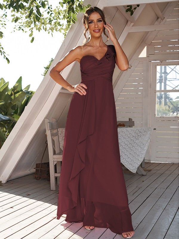 A-Line/Princess Chiffon Ruched One-Shoulder Sleeveless Floor-Length Bridesmaid Dresses