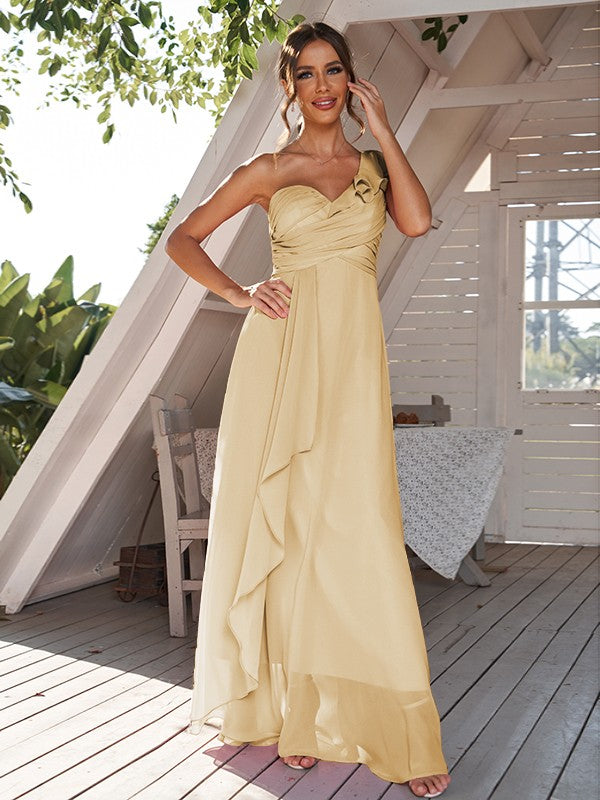 A-Line/Princess Chiffon Ruched One-Shoulder Sleeveless Floor-Length Bridesmaid Dresses