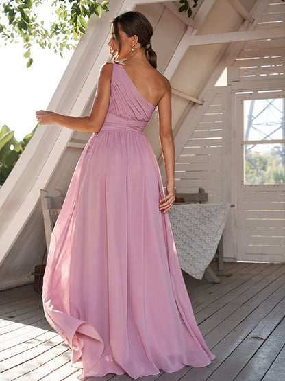 A-Line/Princess Chiffon Ruched One-Shoulder Sleeveless Sweep/Brush Train Bridesmaid Dresses