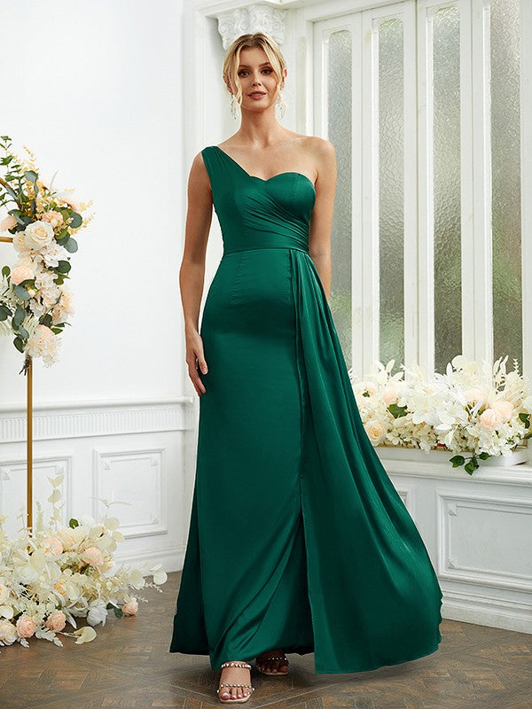 Sheath/Column NS Elastic Woven Satin Ruched One-Shoulder Sleeveless Floor-Length Bridesmaid Dresses