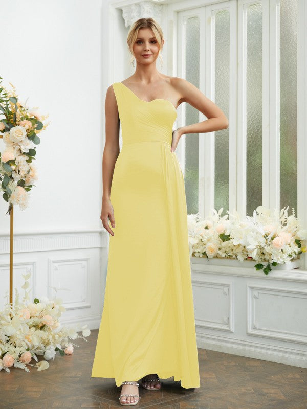 Sheath/Column NS Elastic Woven Satin Ruched One-Shoulder Sleeveless Floor-Length Bridesmaid Dresses