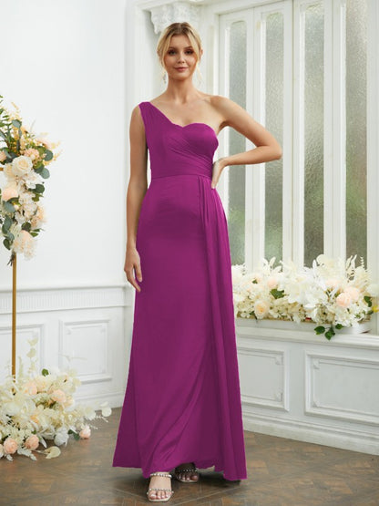 Sheath/Column NS Elastic Woven Satin Ruched One-Shoulder Sleeveless Floor-Length Bridesmaid Dresses