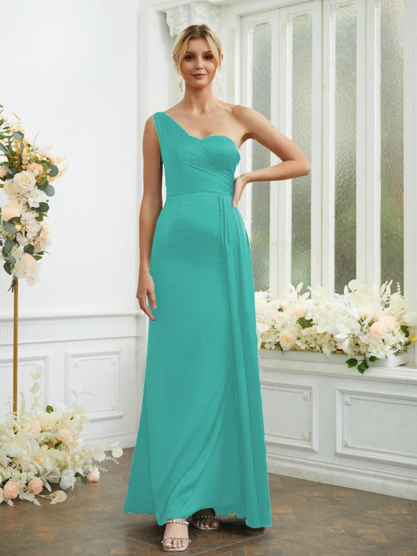 Sheath/Column NS Elastic Woven Satin Ruched One-Shoulder Sleeveless Floor-Length Bridesmaid Dresses