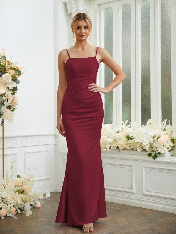 Sheath/Column Silk like Satin Ruched Spaghetti Straps Sleeveless Floor-Length Bridesmaid Dresses