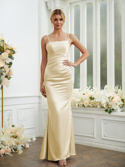 Sheath/Column Silk like Satin Ruched Spaghetti Straps Sleeveless Floor-Length Bridesmaid Dresses