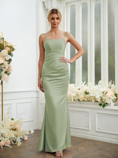 Sheath/Column Silk like Satin Ruched Spaghetti Straps Sleeveless Floor-Length Bridesmaid Dresses