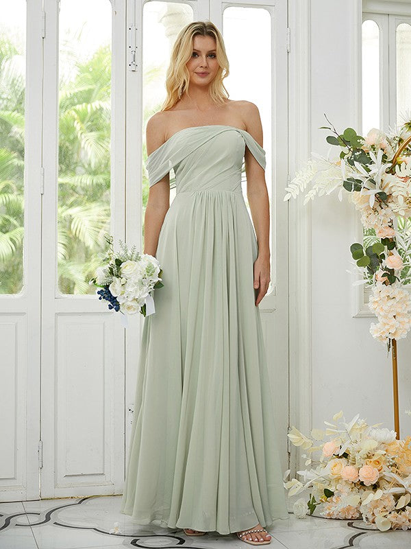 A-Line/Princess Chiffon Ruched Off-the-Shoulder Sleeveless Floor-Length Bridesmaid Dresses