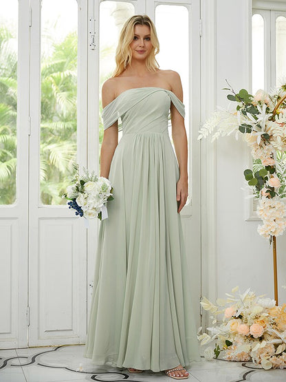 A-Line/Princess Chiffon Ruched Off-the-Shoulder Sleeveless Floor-Length Bridesmaid Dresses