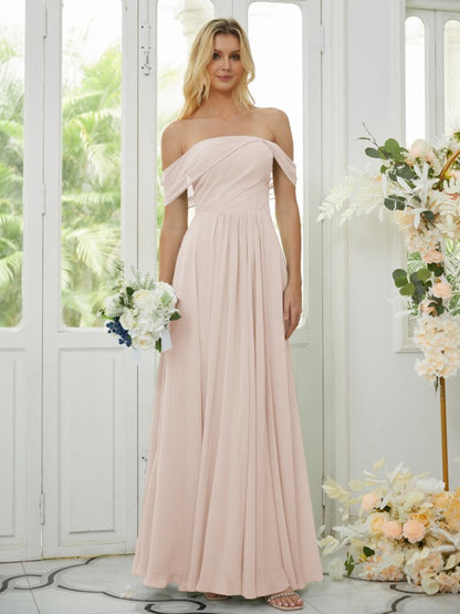 A-Line/Princess Chiffon Ruched Off-the-Shoulder Sleeveless Floor-Length Bridesmaid Dresses