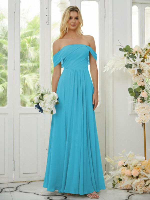 A-Line/Princess Chiffon Ruched Off-the-Shoulder Sleeveless Floor-Length Bridesmaid Dresses