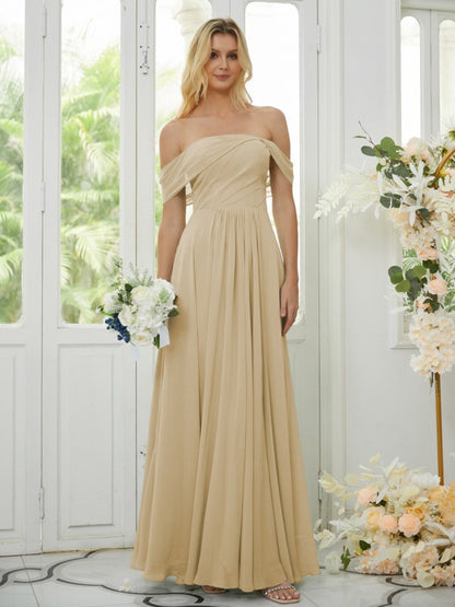 A-Line/Princess Chiffon Ruched Off-the-Shoulder Sleeveless Floor-Length Bridesmaid Dresses