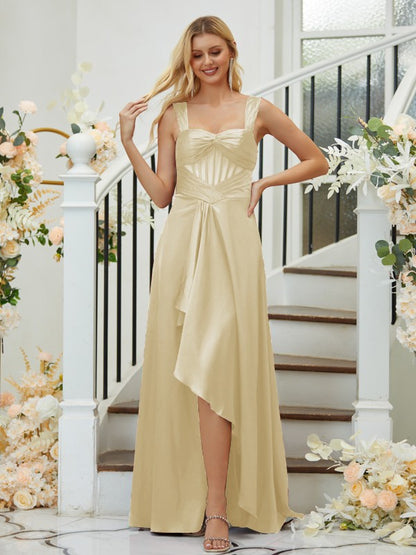 A-Line/Princess Elastic Woven Satin Ruched Straps Sleeveless Asymmetrical Bridesmaid Dresses