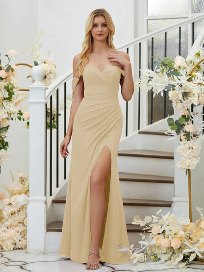 Sheath/Column Chiffon Ruched Off-the-Shoulder Sleeveless Floor-Length Bridesmaid Dresses