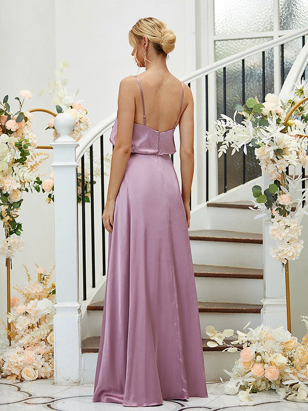 A-Line/Princess Silk like Satin Ruched V-neck Sleeveless Floor-Length Bridesmaid Dresses