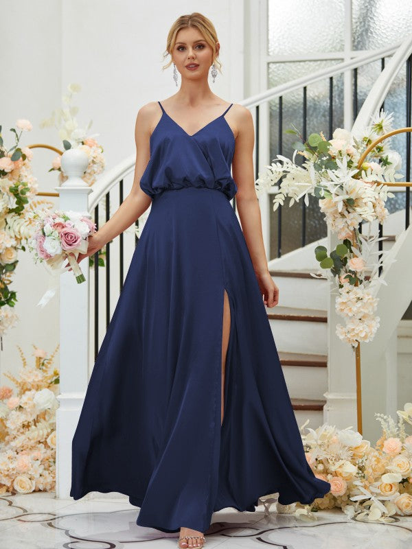 A-Line/Princess Silk like Satin Ruched V-neck Sleeveless Floor-Length Bridesmaid Dresses