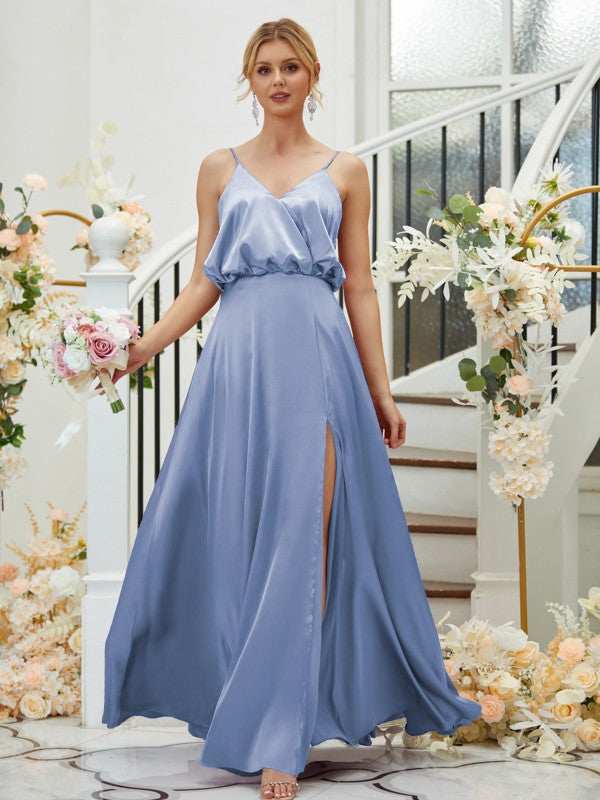 A-Line/Princess Silk like Satin Ruched V-neck Sleeveless Floor-Length Bridesmaid Dresses