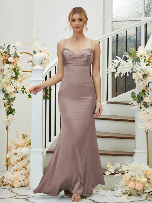 Sheath/Column Silk like Satin Ruched V-neck Sleeveless Floor-Length Bridesmaid Dresses