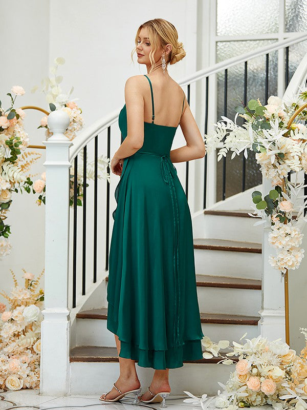 A-Line/Princess Satin Chiffon Ruched V-neck Sleeveless Asymmetrical Bridesmaid Dresses