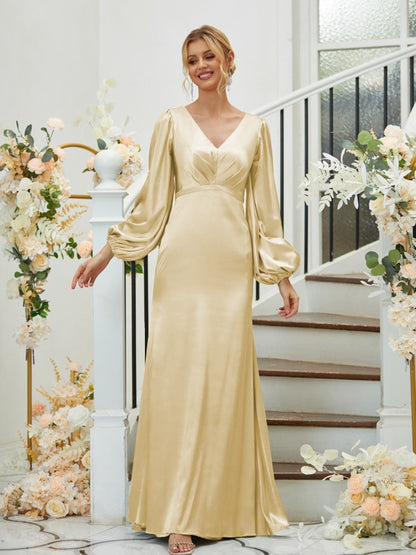 Sheath/Column Silk like Satin Ruched V-neck Long Sleeves Floor-Length Bridesmaid Dresses