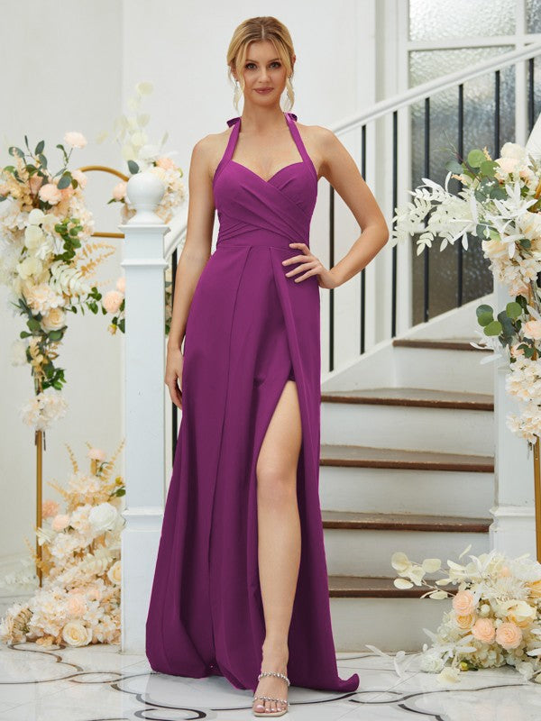 A-Line/Princess Stretch Crepe Ruched Halter Sleeveless Floor-Length Bridesmaid Dresses