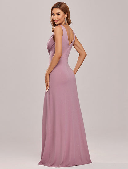 A-Line Elegant Formal Evening Dress V Neck Sleeveless Floor Length Cotton Blend with Draping