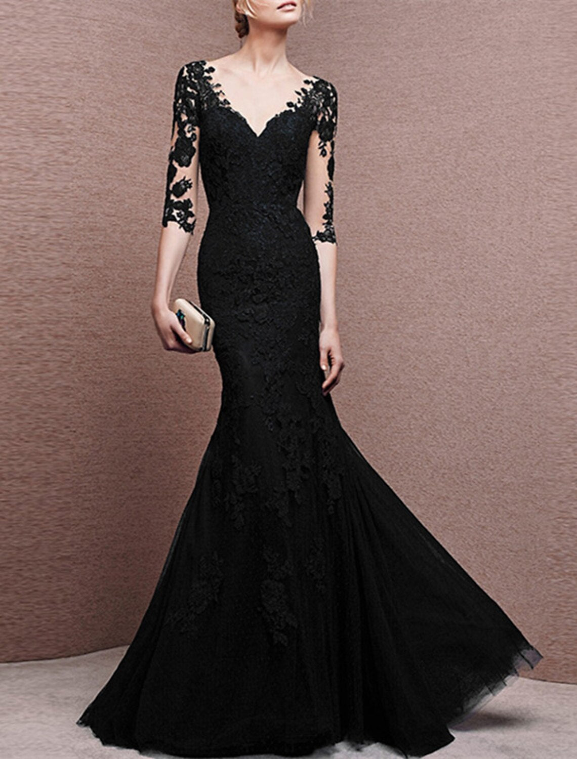 Mermaid / Trumpet Evening Gown Elegant Dress Formal Wedding Guest Floor Length Half Sleeve V Neck Tulle with Buttons Appliques