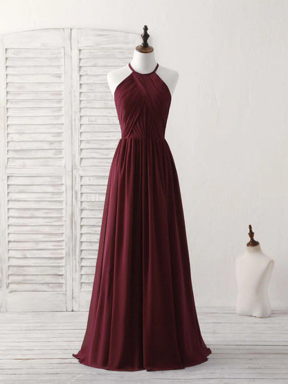 Simple A-Line Burgundy Chiffon Long Prom Dress Halterneck Evening Dress