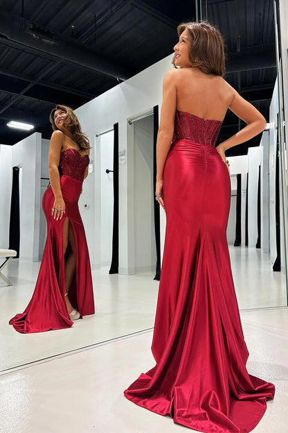 Dark Red Sweetheart Satin Mermaid Long Prom Dresses with Beading