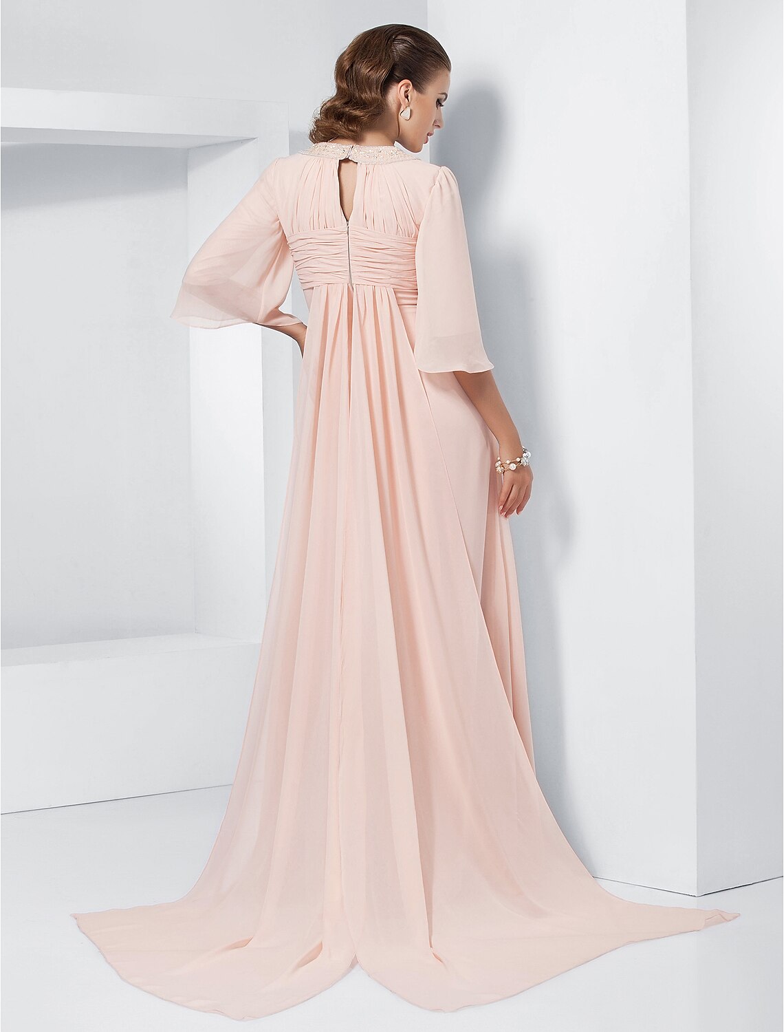 A-Line Special Occasion Dresses Elegant Dress Wedding Guest Sweep / Brush Train Half Sleeve Jewel Neck Chiffon with Beading Draping