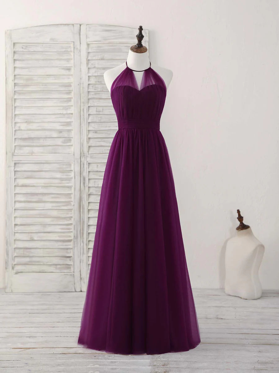 Simple Tulle A-Line Purple Long Prom Dress Halterneck Floor-length Bridesmaid Dress