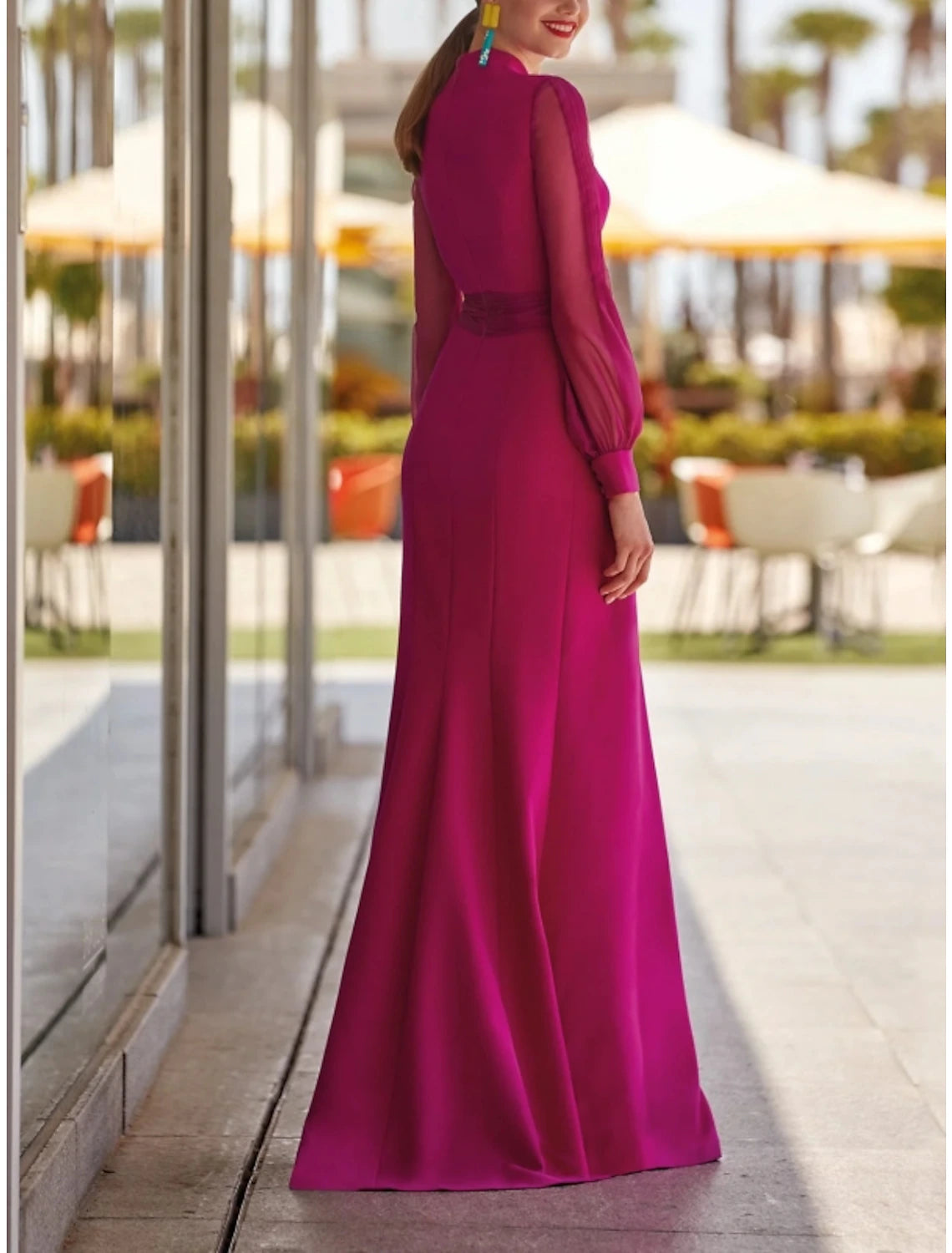 Sheath / Column Evening Gown High Split Dress Formal Wedding Guest Floor Length Long Sleeve V Neck Chiffon with Slit Strappy