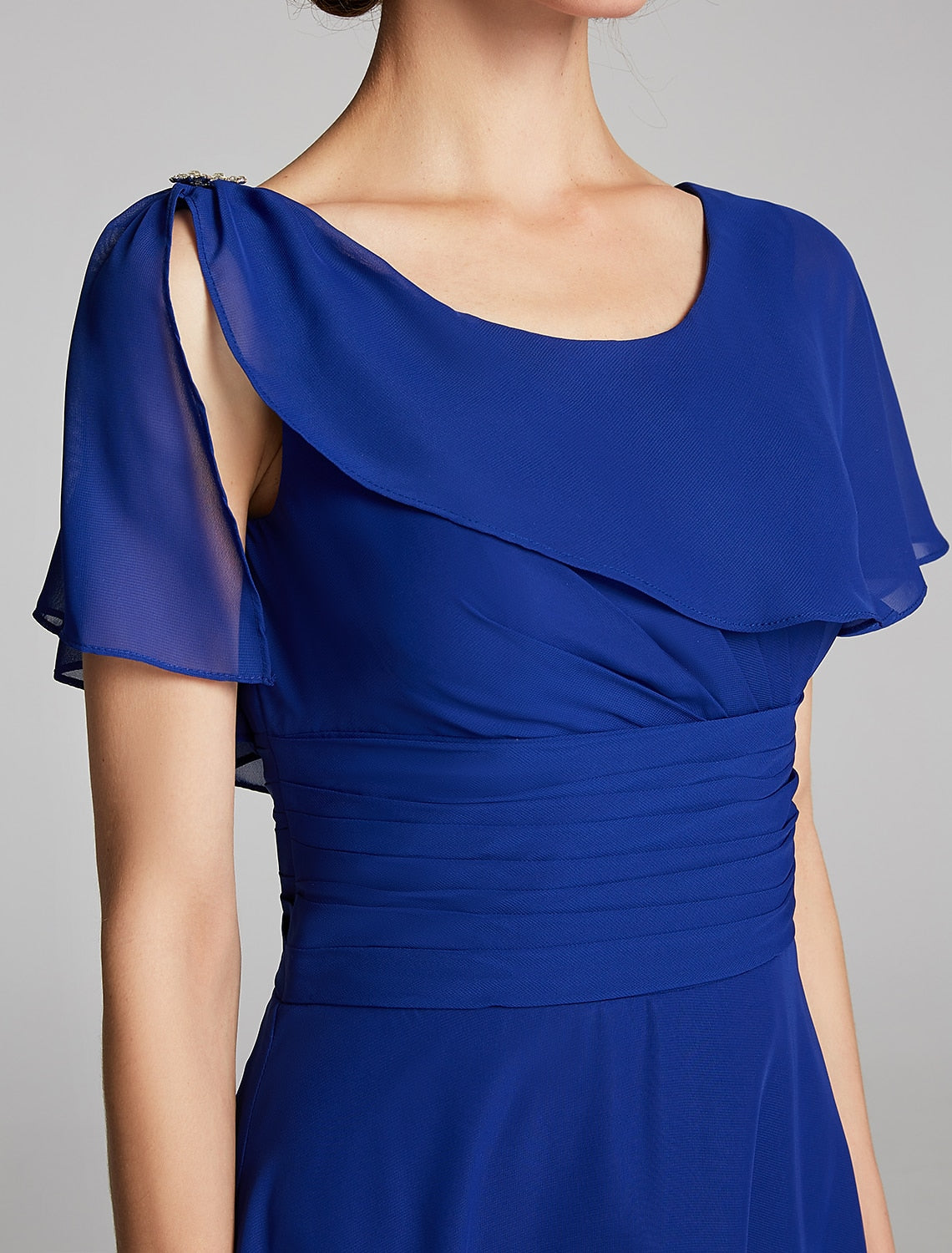 A-Line Mother of the Bride Dress Cowl Neck Knee Length Chiffon Short Sleeve with Ruffles