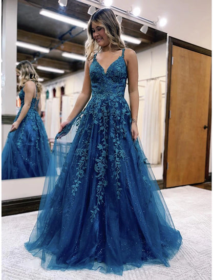 Ball Gown A-Line Prom Dresses Sparkle & Shine Dress Formal Wedding Party Dress Floor Length Sleeveless V Neck Tulle Backless with Glitter Appliques