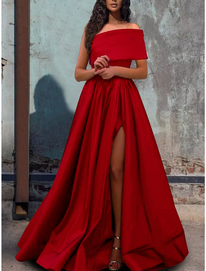 A-Line Prom Dresses Sexy Dress Party Wear Wedding Party Floor Length Short Sleeve One Shoulder Satin with Pleats Slit