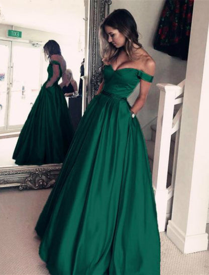 Ball Gown Elegant Prom Formal Evening Dress Off Shoulder Backless Short Sleeve Floor Length Satin with Pleats Beading