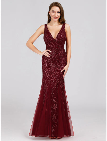 Mermaid / Trumpet Sparkle Sexy Prom Formal Evening Valentine‘s Day Dress V Neck V Back Sleeveless Floor Length Tulle with Sequin Appliques