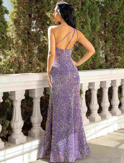 Sheath / Column Prom Dresses Sparkle & Shine Dress Party Wear Floor Length Sleeveless One Shoulder Sequined with Sequin Slit