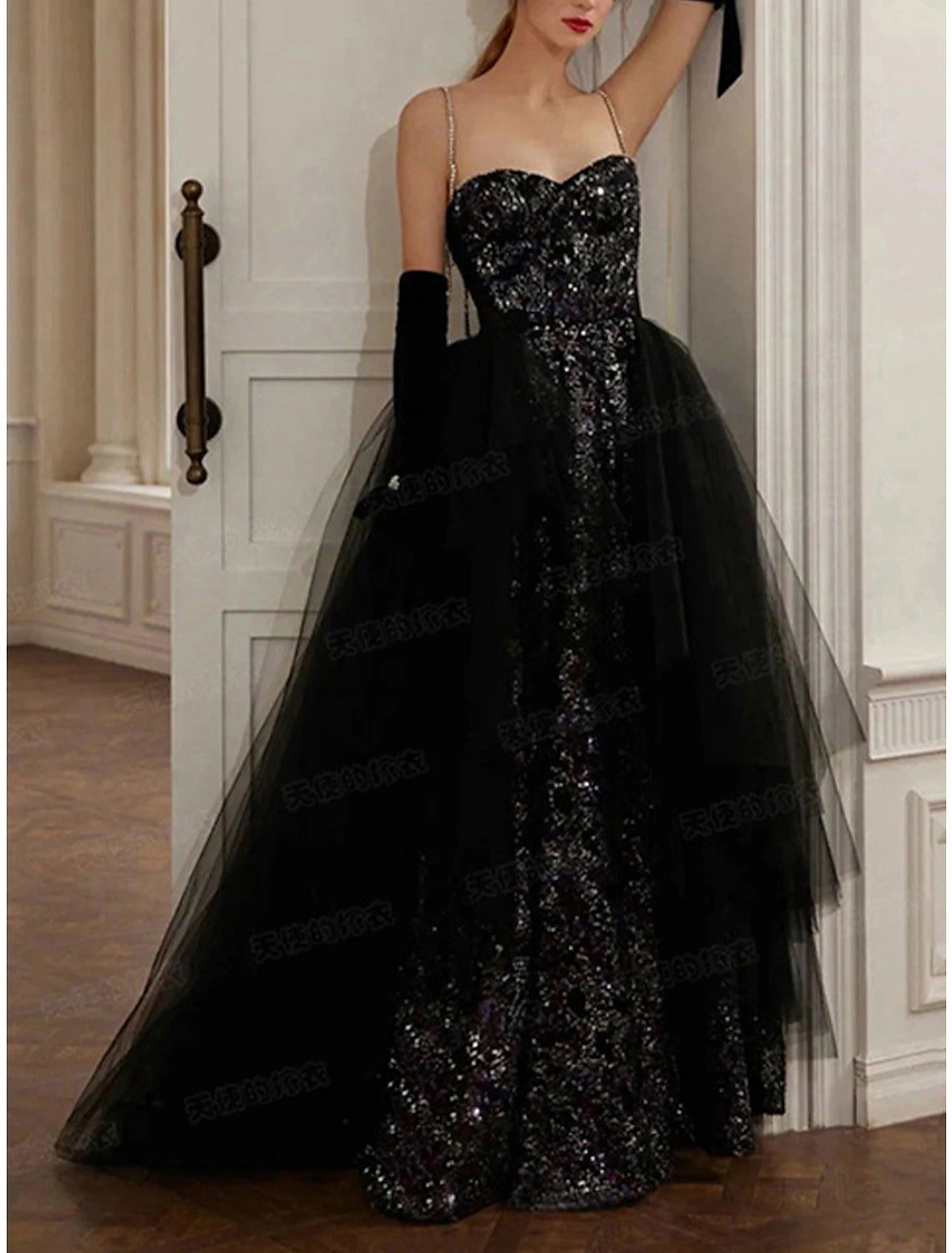 A-Line Evening Gown Black Dress Sparkle & Shine Dress Prom photoshoot Floor Length Sleeveless Strapless Sequined with Sequin
